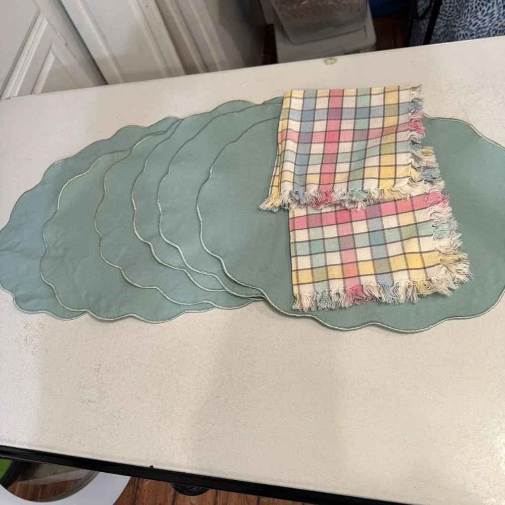 Vintage Placemats Scalloped Teal Blue Green Cottage Granny Set‎ of 6 & 2 Napkins